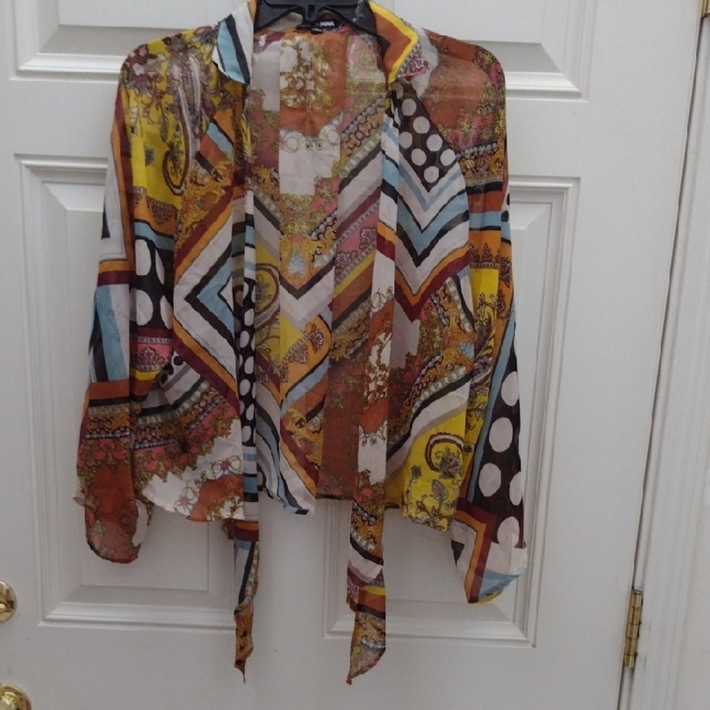 Fashion Nova Orange Yellow Tie Front Long Sleeve Blouse